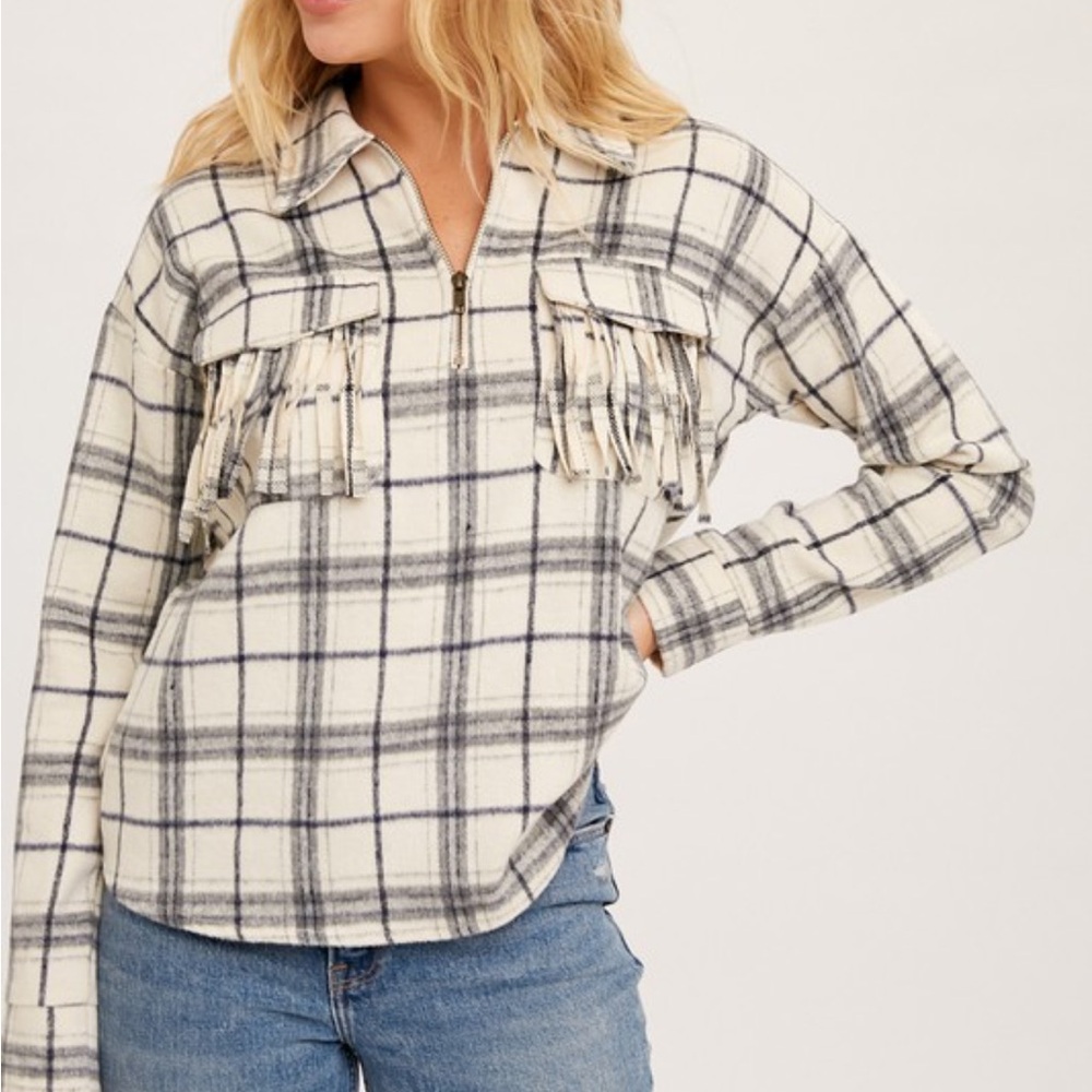 Hem & Thread Checkered Fringe Utility Jacket in Cream and Black